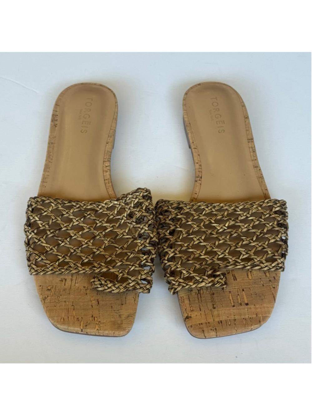 Torgeis New York Woven Slide Sandals Women’s Size 9 Bronze Gold Cork Footbed Sum - Picture 2 of 7